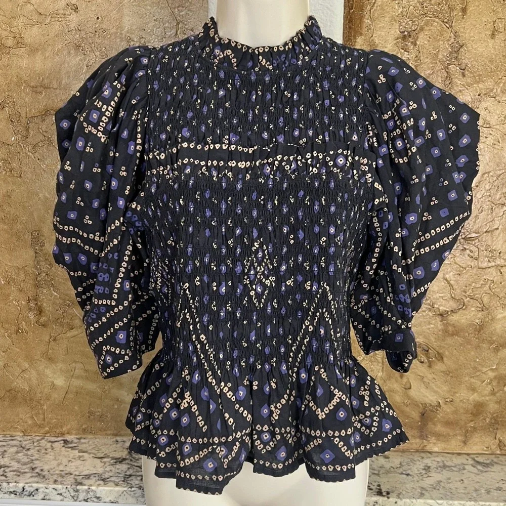 Sea New York Delphine Puff Sleeve Smocked Top Small? Black Blue Geometric Cotton - Picture 2 of 12